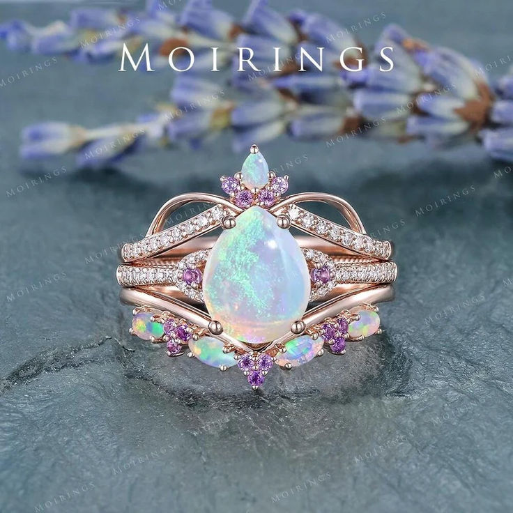 Rainbow Pear Cut Natural Opal Engagement Ring Set Rose Gold 