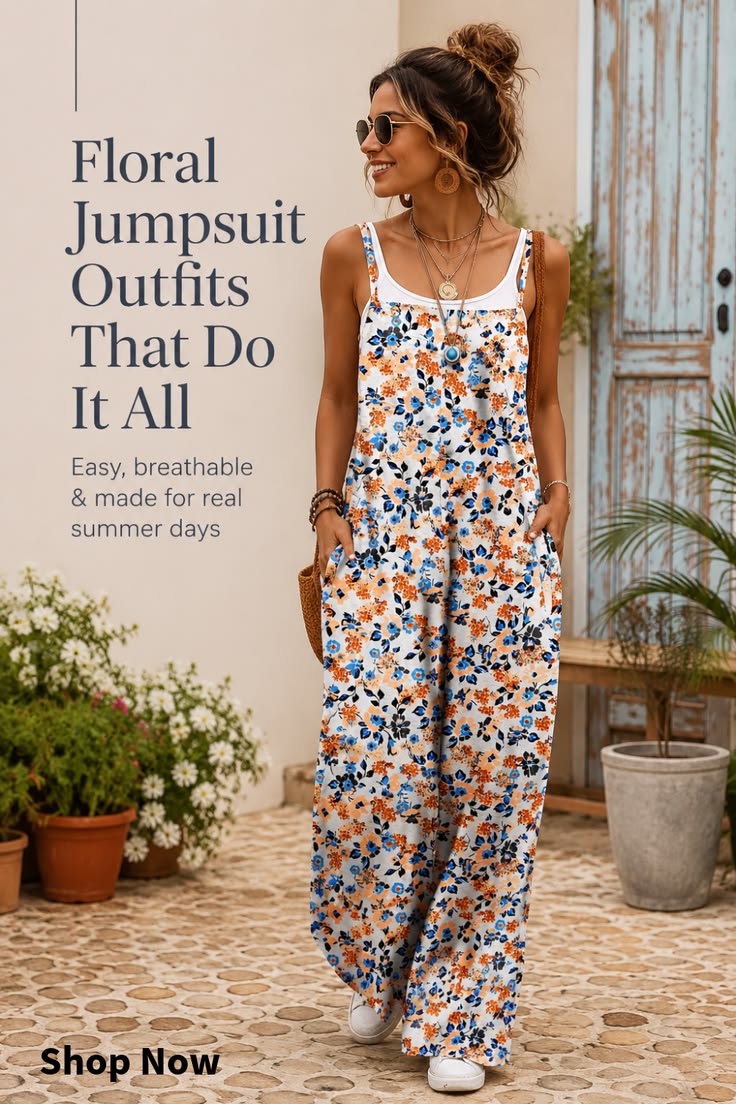 This boho floral jumpsuit with pockets is trending for trave