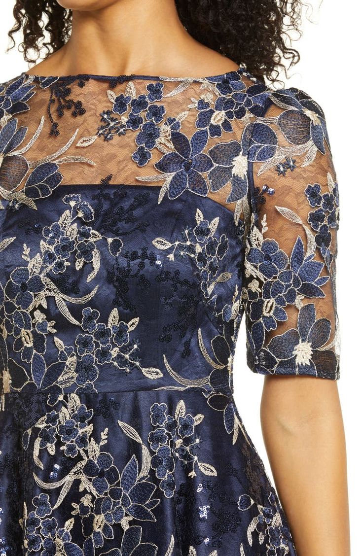 Eliza J Sequin Floral Embroidery Fit & Flare Cocktail Midi D