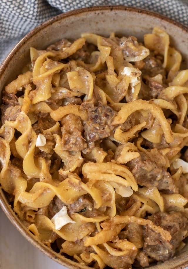 Crockpot French Onion Beef Stroganoff - Wine a Little, Cook 
