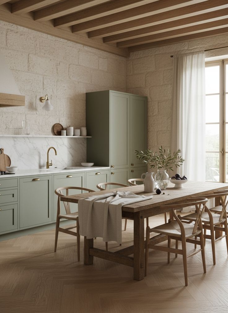 Olive branches, limestone, and Verdon green hues shape this 
