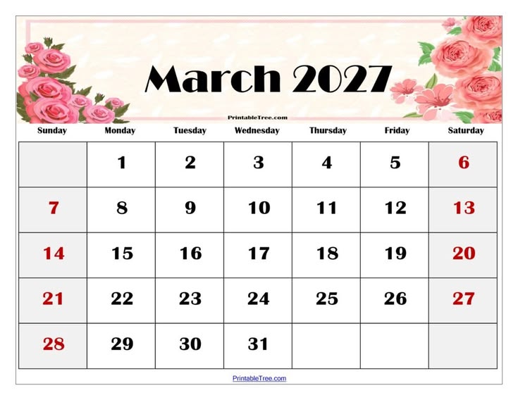 March 2027 Calendar Printable PDF with Holidays Template