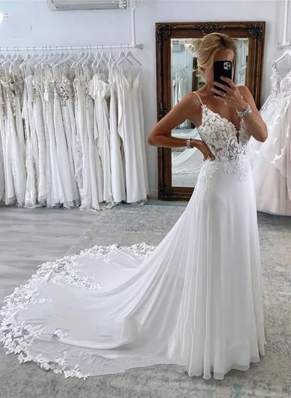 Buy A-Line V-Neck Sleeveless Chiffon Wedding Dresses With Ap