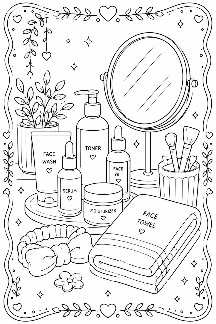 Aesthetic skincare coloring page with mirror, towel & beauty