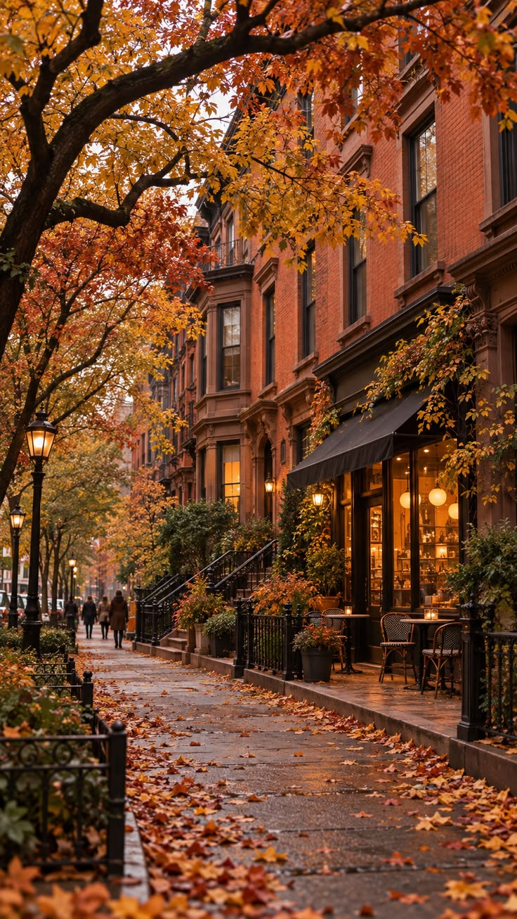 A charming coffee shop glowing along a quiet brownstone stre