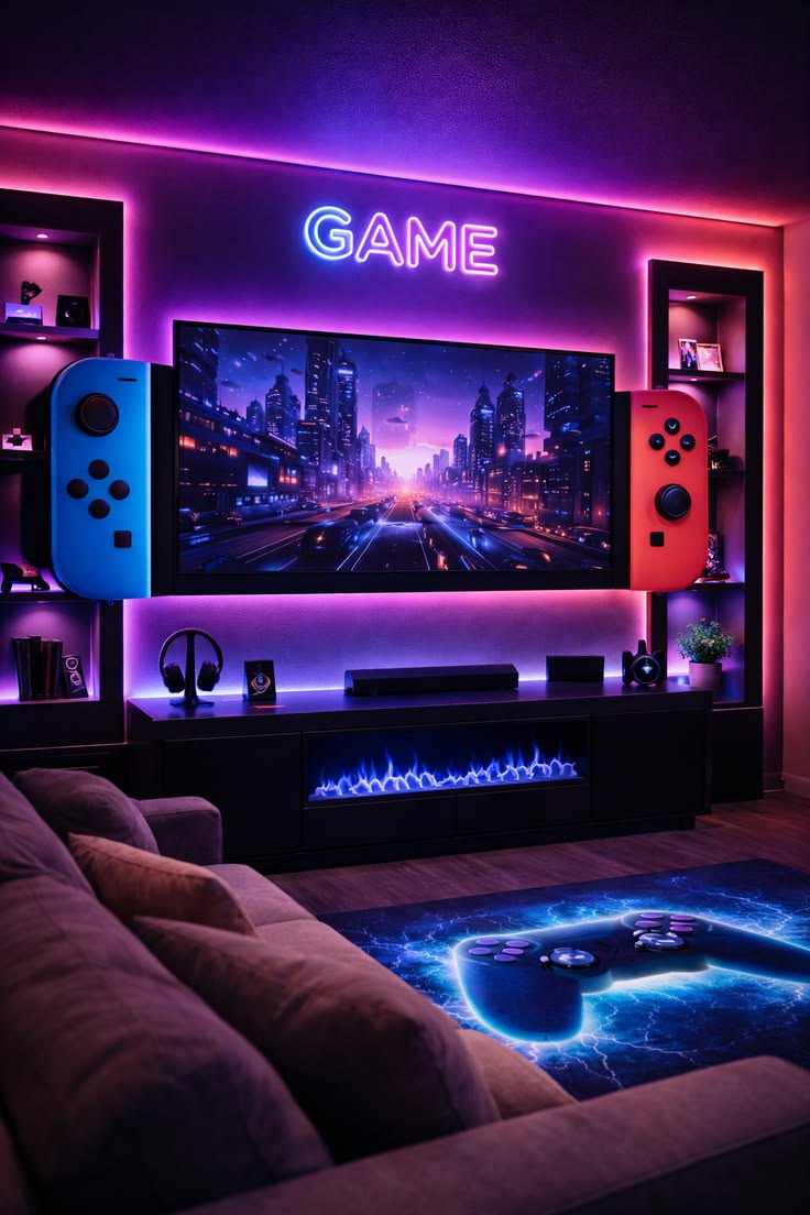 This gaming media wall leans all the way into atmosphere. Ne