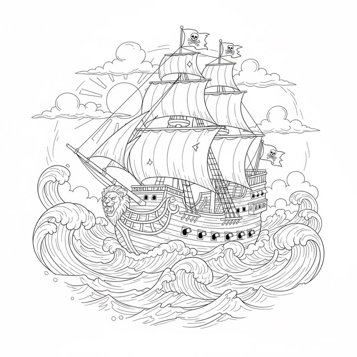 Beautiful pirate ship on high seas coloring page for kids an
