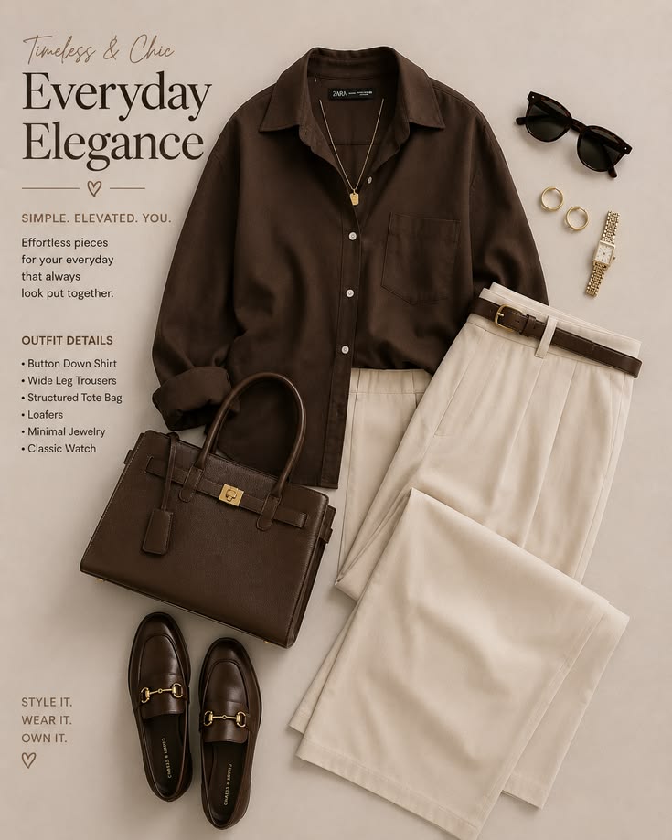 A sophisticated neutral outfit featuring a rich chocolate br