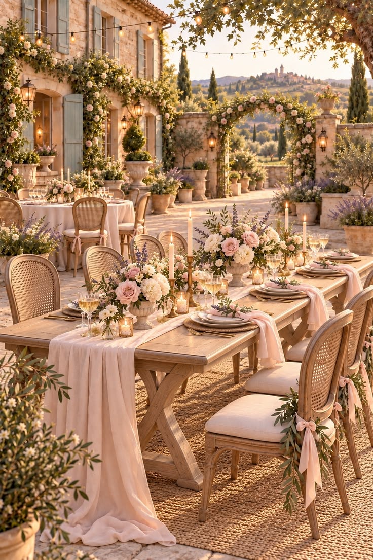 An outdoor wedding table set in true French cottage style — 