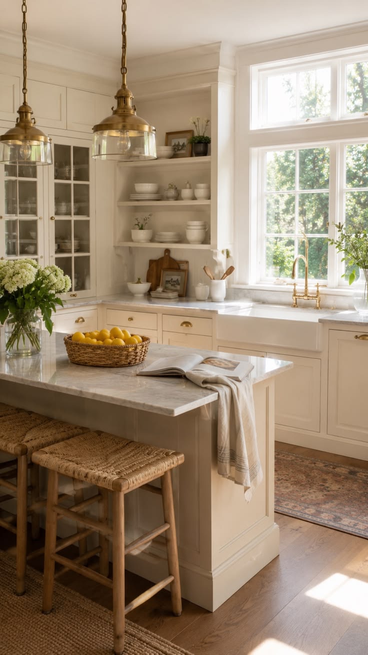 A timeless cream kitchen with marble countertops, brass pend