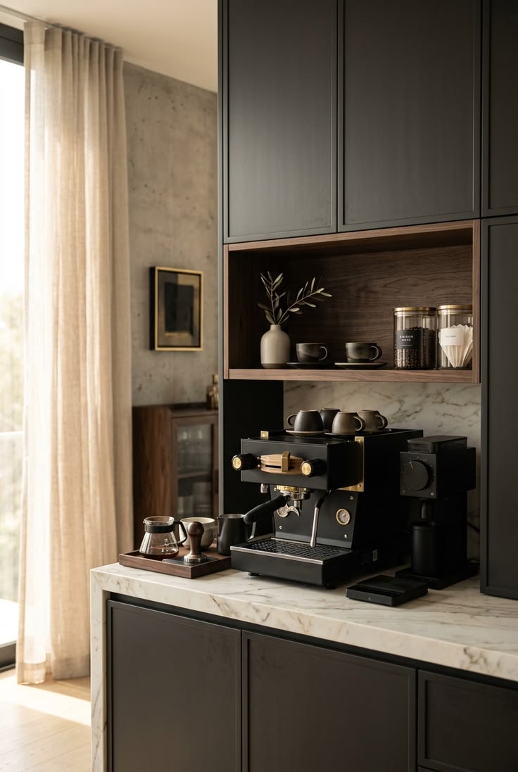 Minimalist coffee station with dark wood textures, marble de