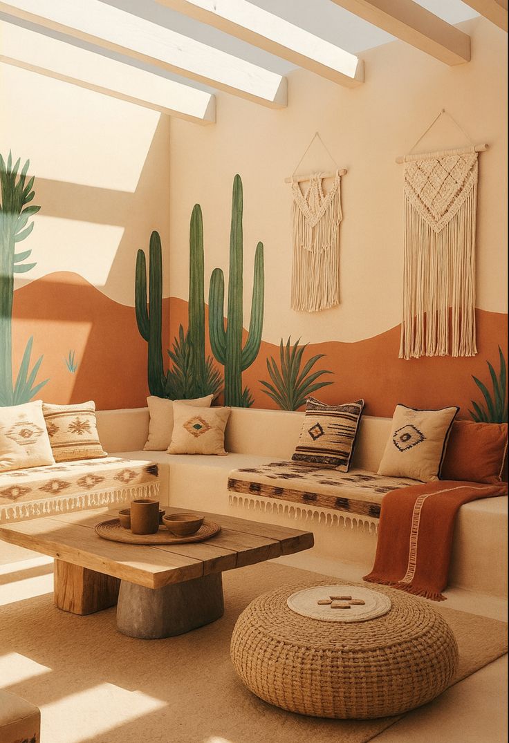 A stunning desert-inspired living room with a cactus wall mu