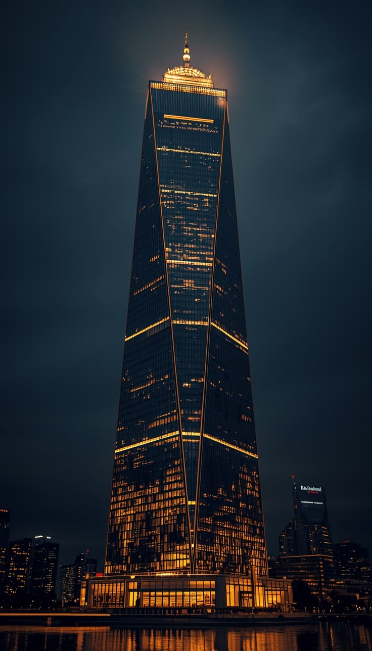 A towering skyscraper rises into the night, glowing with gol