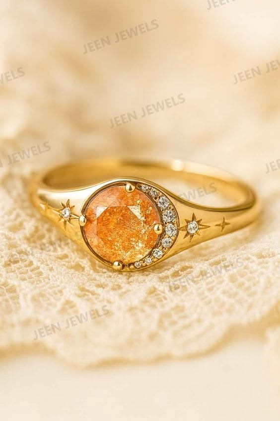 Sunstone & Moissanite Engagement Ring, Moon Crescent Moissan