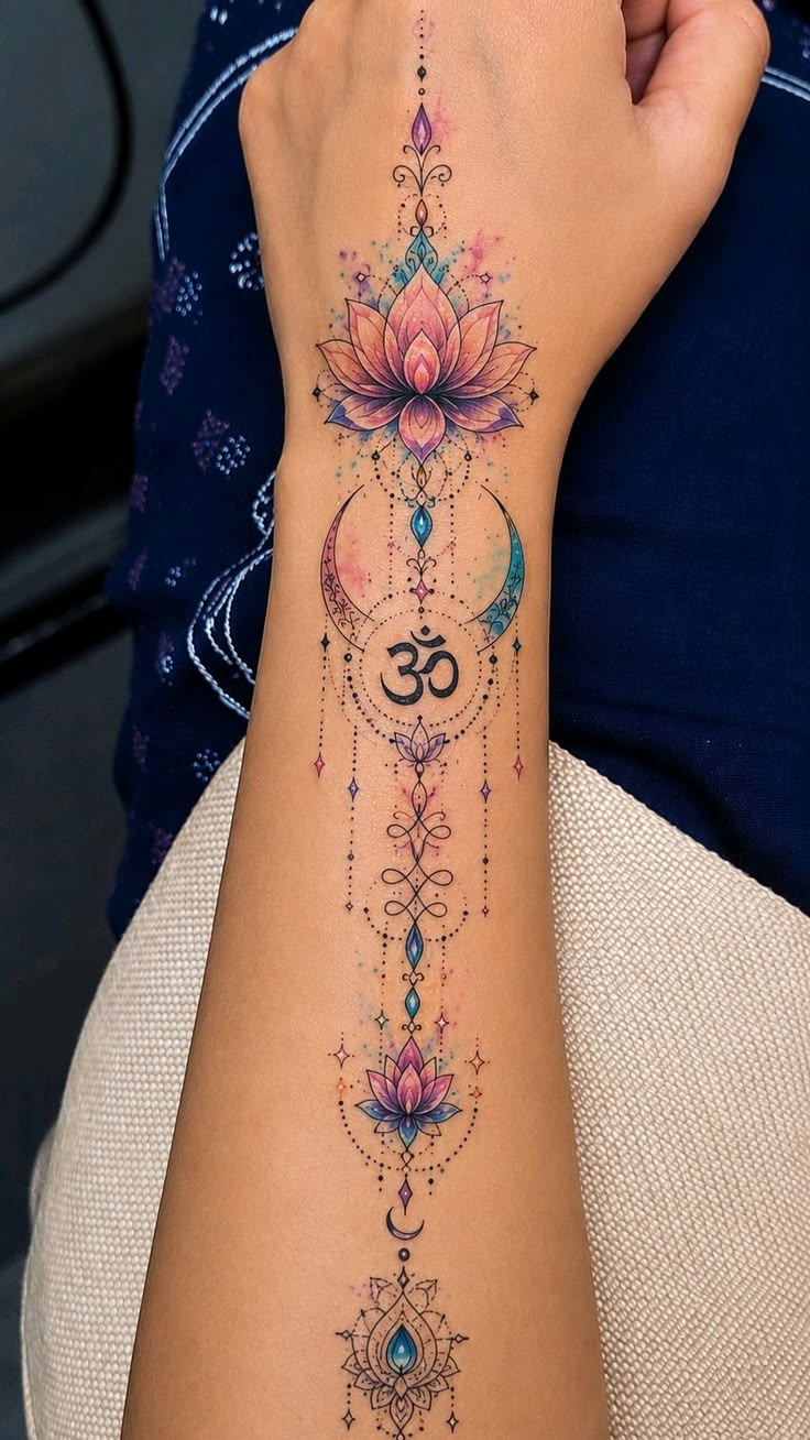 Lotus, Om, and mandala tattoos are commonly associated with 