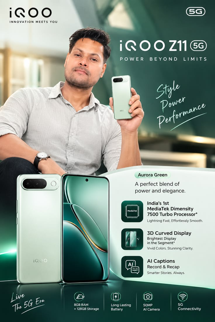 Discover the iQOO Z11 5G in stunning Aurora Green 💚📱  ✨ 8GB 