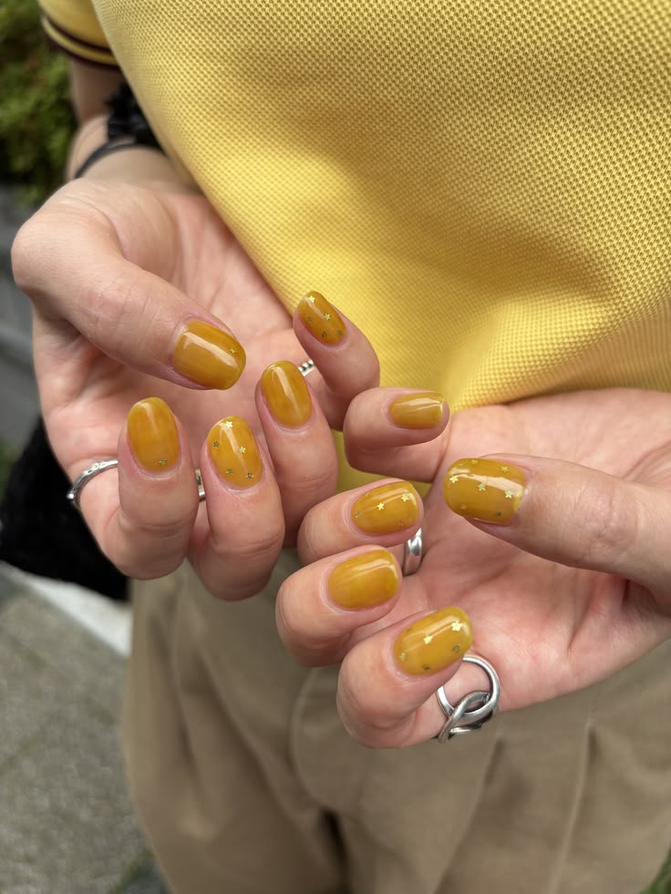 Sheer yellow nails with star holographic glitter ✨ Yellow sh