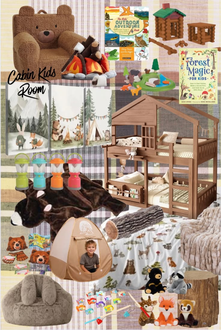 Create a playful cabin kids room with woodland bedding, bear
