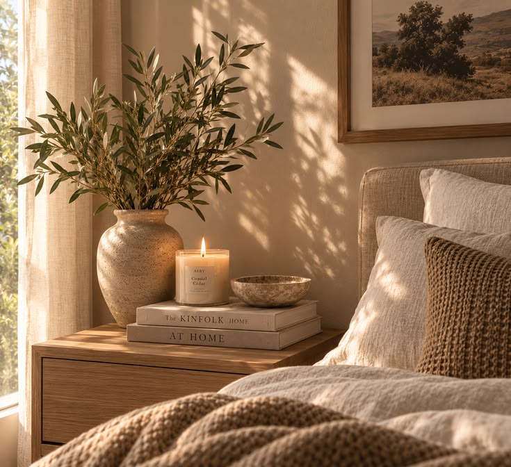 Soft morning light, warm oak, creamy linen and natural textu
