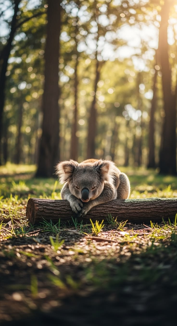 A fluffy koala rests peacefully on a sunlit log in a golden-