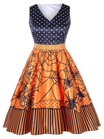 Awesome Polka Dot Plus Size Spider Print Halloween Vintage D