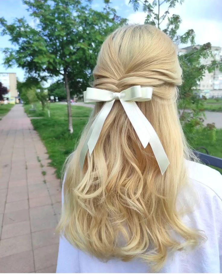 Premium quality satin slim hair bow with tails in ivory, whi