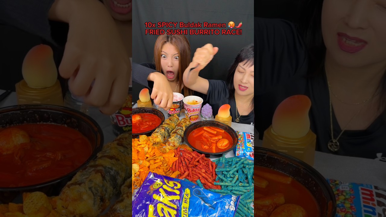 10x spicy buldak ramen noodles and fried sushi burrito race! #food #eating #mukbang #ramen #sushi