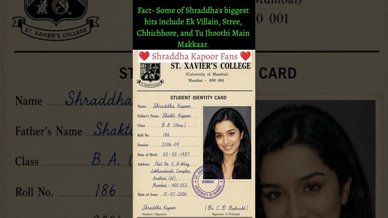 ❤️Shraddha Kapoor's Rare College ID Card 😲 | Amazing Facts  #bollywood #hindisongs #shorts #short