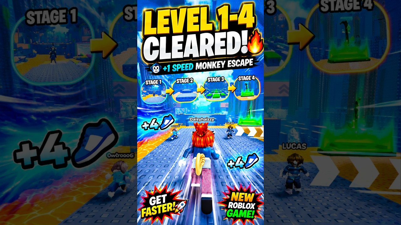 I BEAT LEVEL 1-4 in +1 SPEED MONKEY ESCAPE! 🐒🔥 #roblox #monkeyescape #shorts