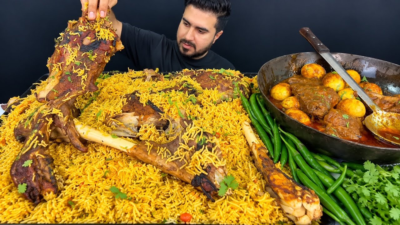 ASMR; Eating Spicy Mutton Legs Biryani Spicy   Huge Chicken   Eggs Curry    Real Mukbang No Talking