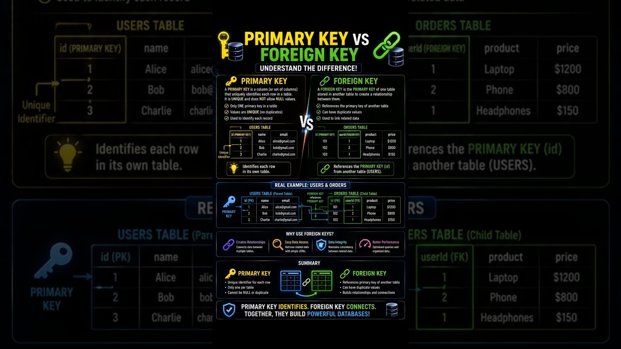 the difference between a Primary Key and a Foreign Key.