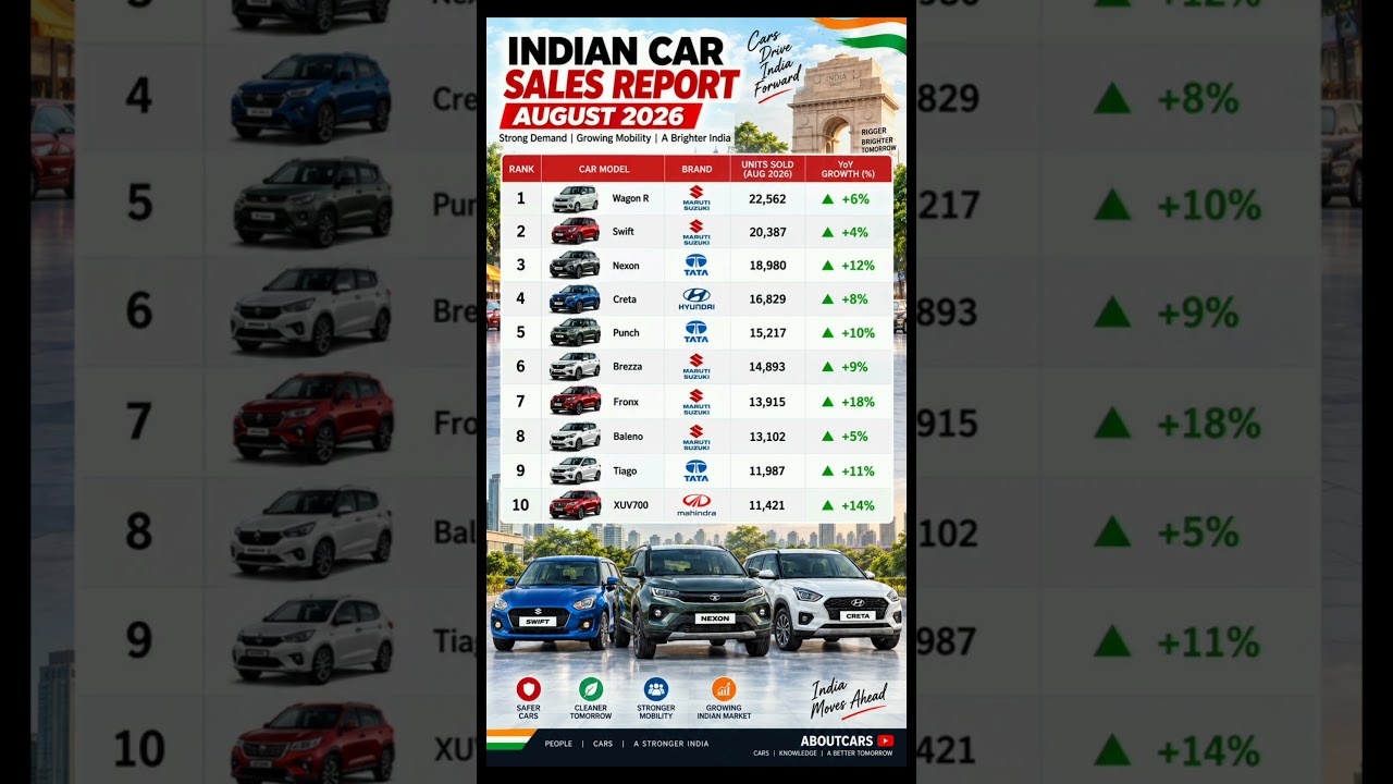 India की सबसे ज्यादा बिकने वाली Cars 🔥 August 2026 Sales Report | Top 10 CarsAugust