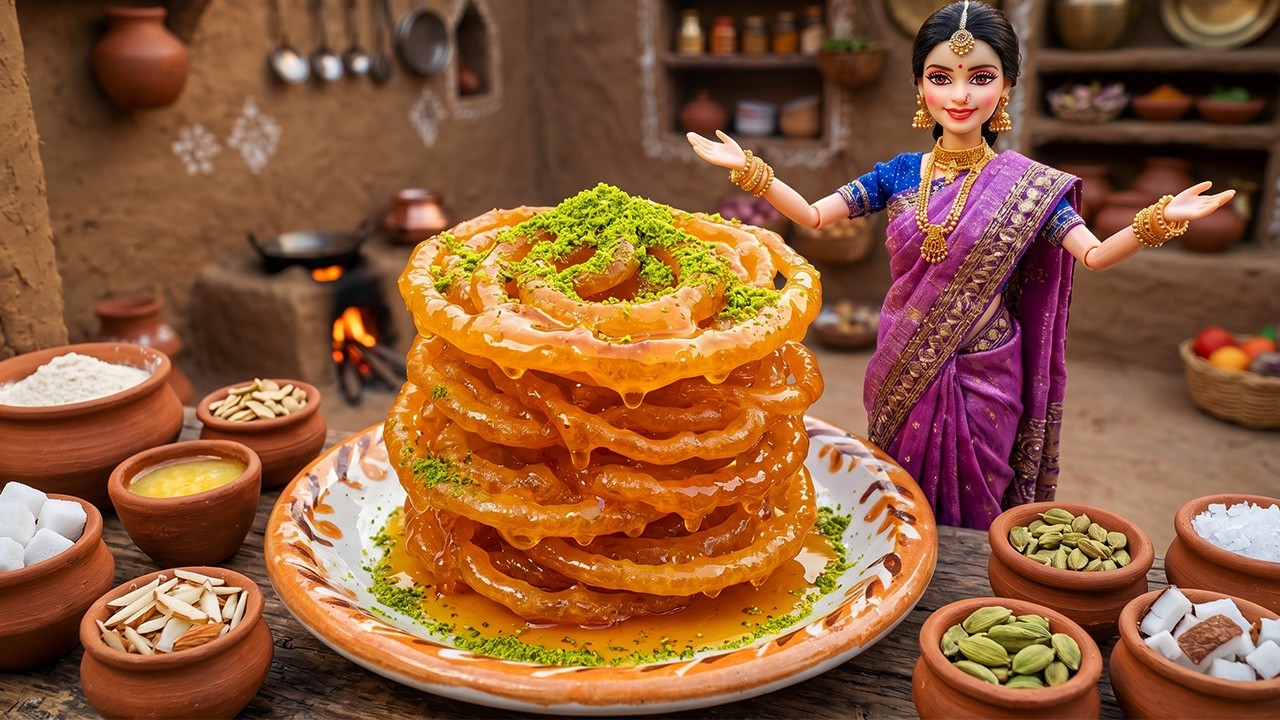 Miniature Doll Cooks Traditional Crisp Golden Jalebi in Miniature Mud Kitchen IRelaxing ASMR Cooking