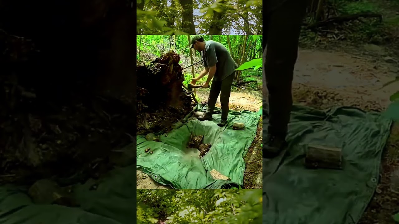 BuildingSecret Underground Shelter, Wooden Structure Hidden Beneath a Dead Tree #wildlife #survival