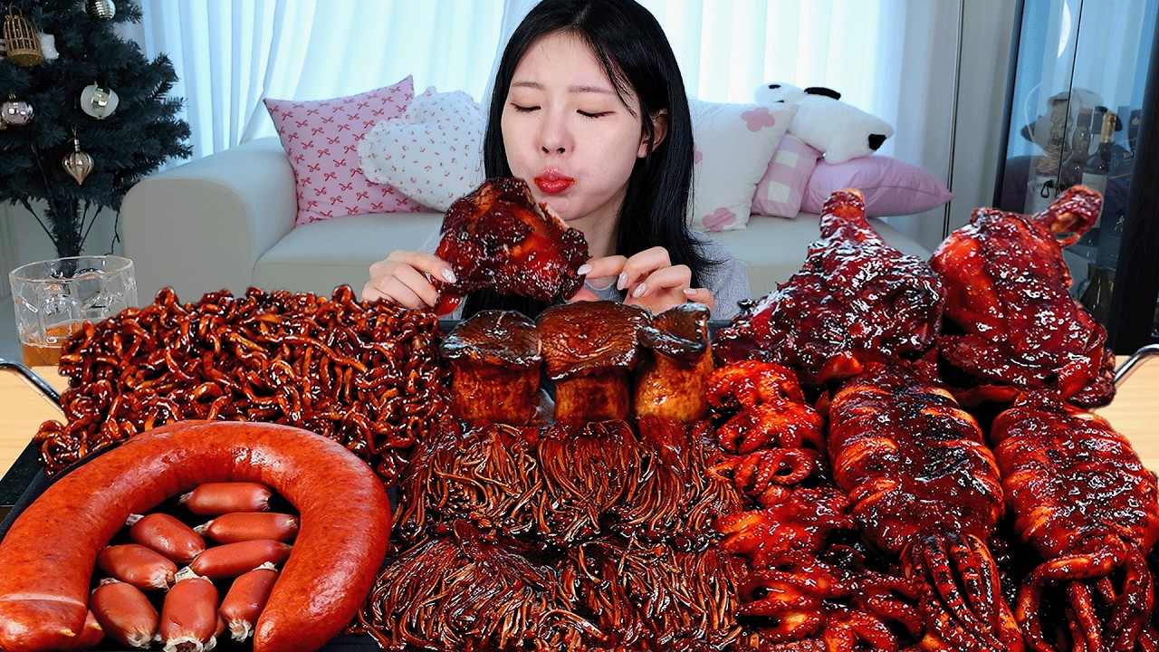 ASMR MUKBANG| 직접 만든 불닭 짜장 버섯 양념치킨 소세지 쭈꾸미 오징어 먹방 & 레시피 SPICY MUSHROOMS AND FIRE NOODLES EATING