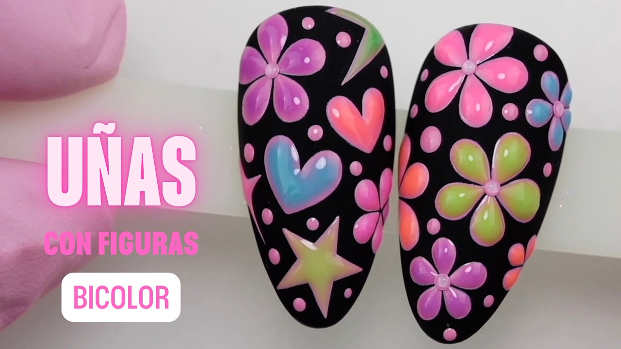 Uñas Negras con Figuras Bicolor 💅🏼✨ Nail Art