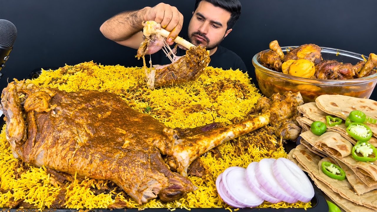 ASMR; EATING 2 SPICY MUTTON LEG CURRY CHICKEN CURRY EGG CURRY MASALA RICE TANDOORI ROTI    MUKBANG