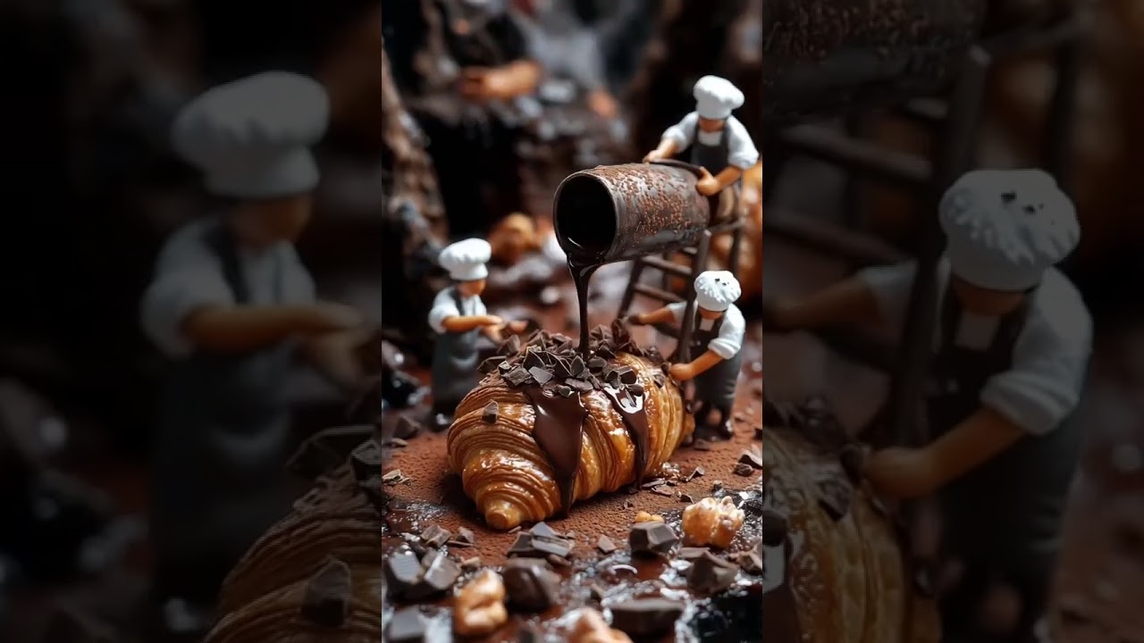 "Chocolatey delight: A miniature chef's decadent croissant creation"#baking #cake