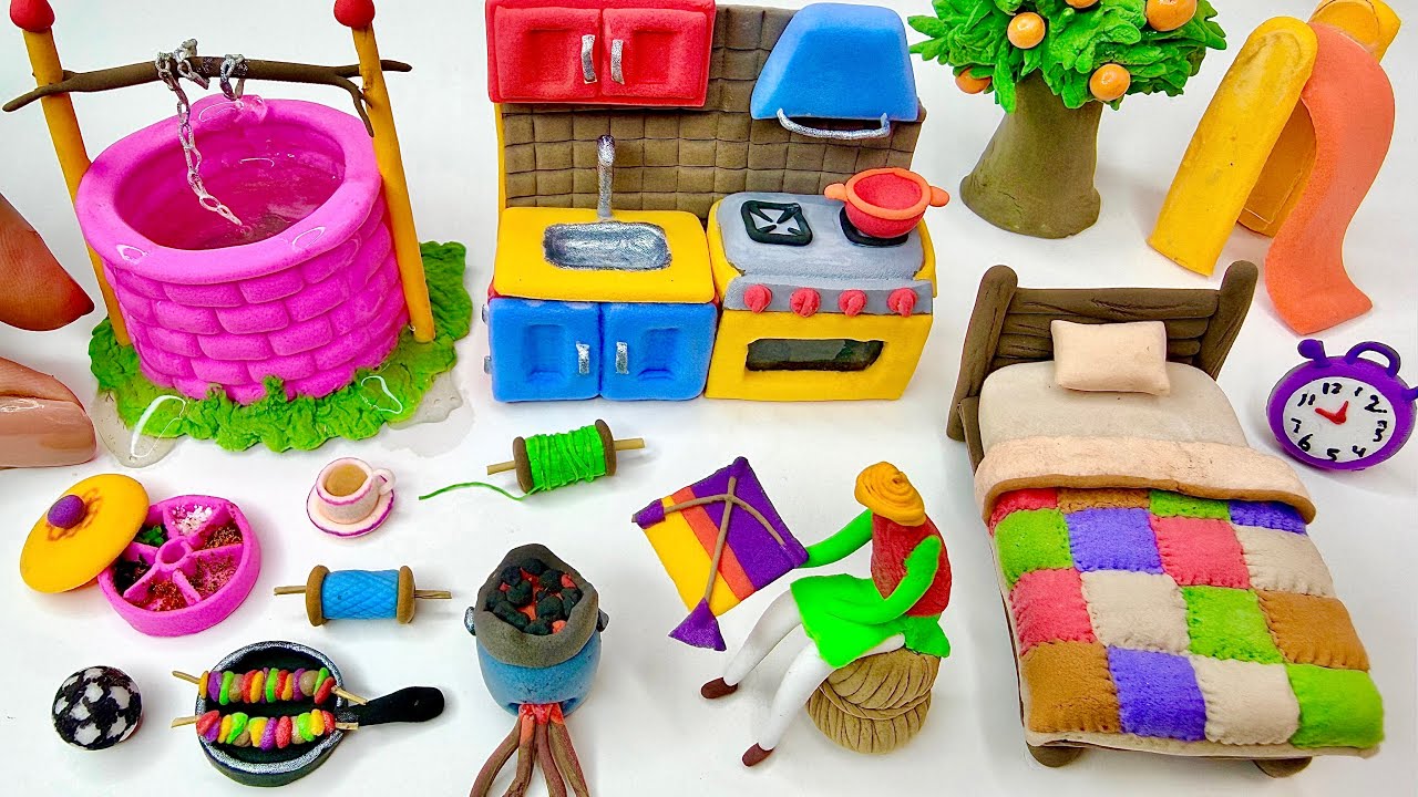 DIY How to make polymer clay miniature Water well, Kitchen set, Stove, Tree, Charpai | Village house