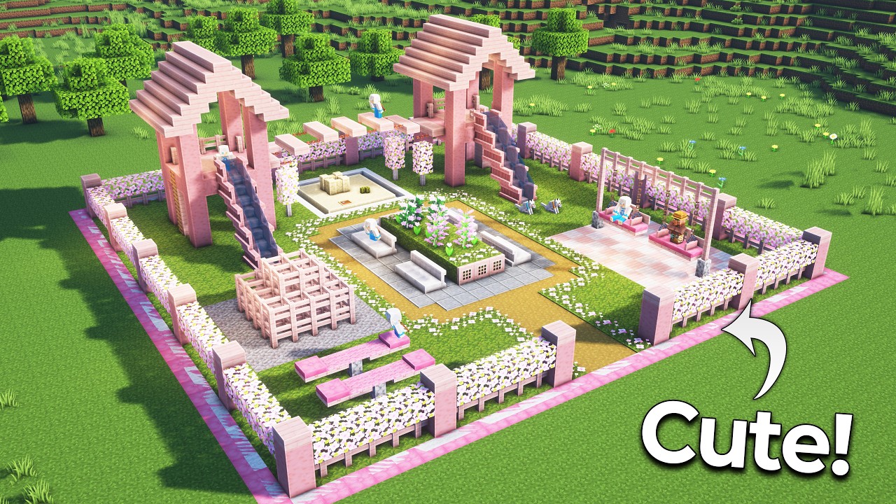 ⛏️ Minecraft Tutorial :: How to build a Cute Playground 🌸🛝 [마인크래프트 귀여운 벚꽃 놀이터 만들기]