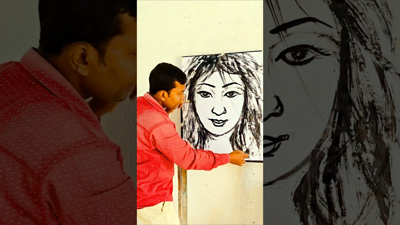 Girl face art by both hands #howto #art #draw #artwork #paint #trending #viral #shortvideo