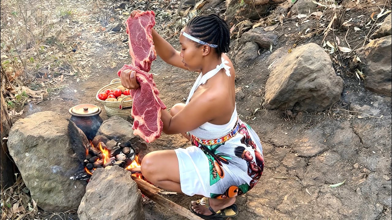 Traditional Smoked Meat on GRAVEL STONES,No Modern Grill ||Village Life ASMR