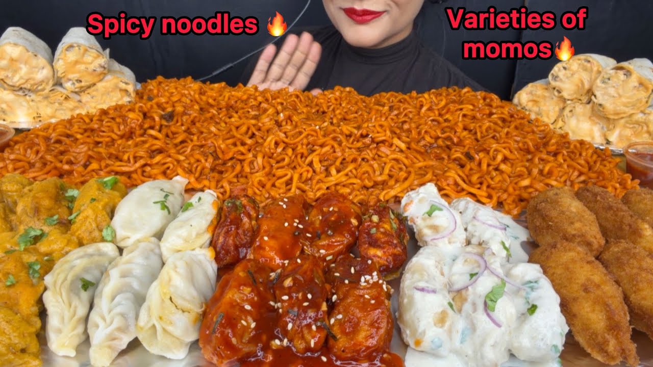 ASMR EATING SPICY NOODLES,MOMO,SHAWARMA,CREAMY MALAI MOMO,SCHEZWAN MOMO,KURKURE MOMO