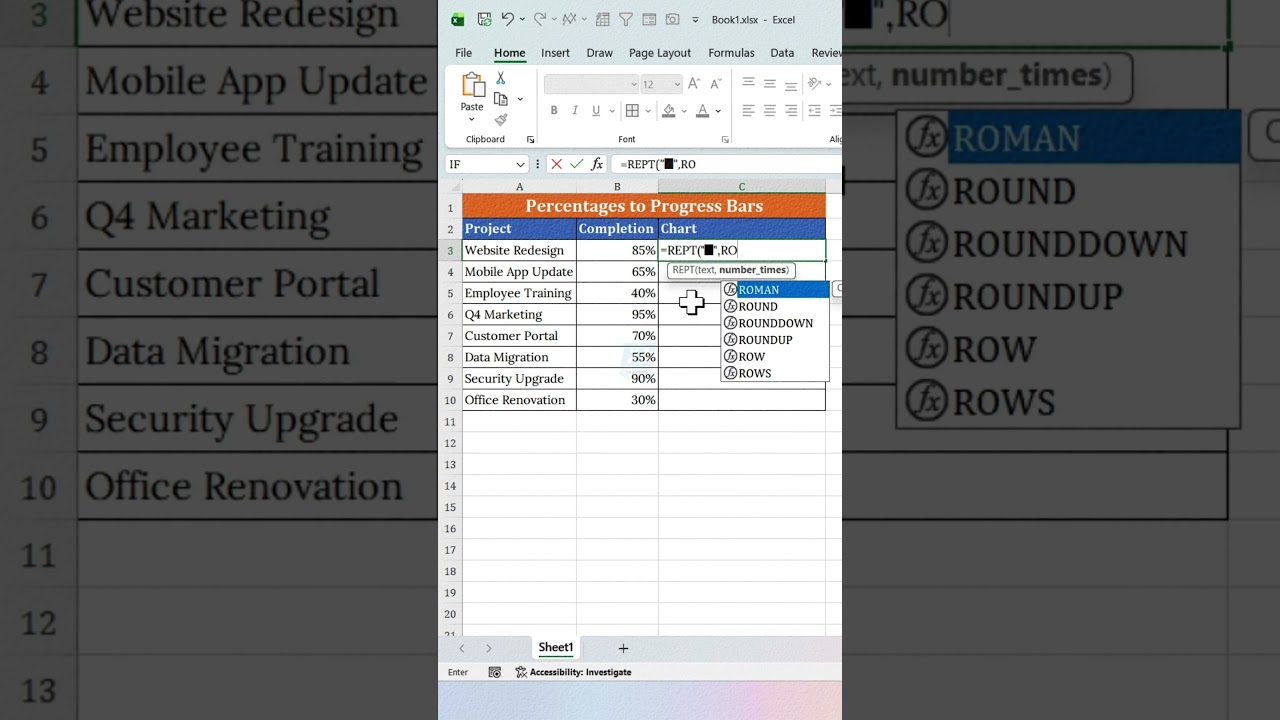 Turn Excel Percentages Into Progress Bars With 1 Formula! #excelshorts #exceltips