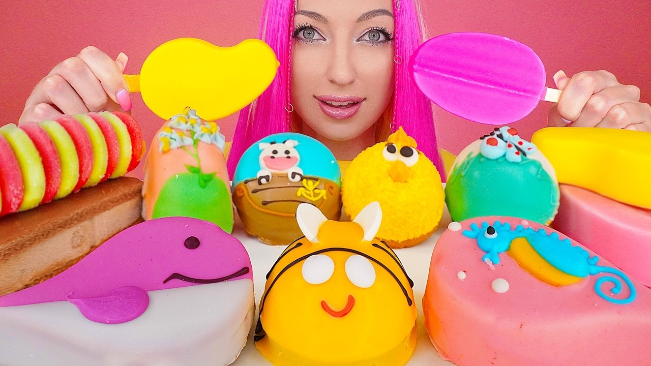 ASMR EATING ICE CREAM, MARSHMALLOW, RAINBOW DESSERT, SWEET FOOD, MUKBANG, 컬러, 마시멜로우 먹방
