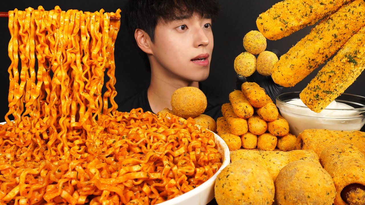 ASMR MUKBANG SPICY CARBO BULDAK NOODLES & CHEESE STICKS & CHEESE BALLS