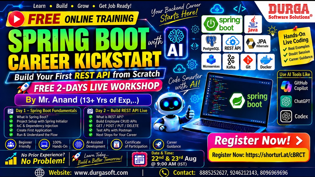 SPRING BOOT with AI Career Kickstart (FREE 2-Days LIVE Workshop) Online Training @ DURGASOFT