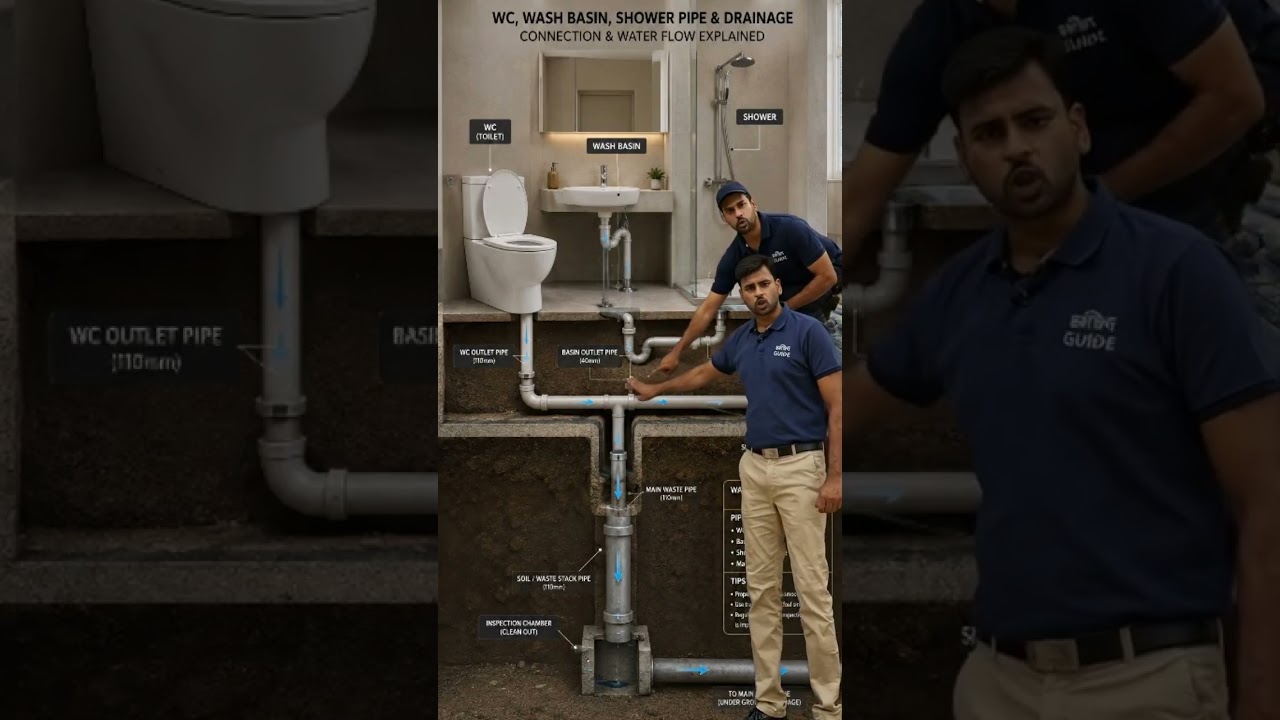 WC, Wash Basin & Shower Drainage Connection Explained | Complete Plumbing Layout #engineering