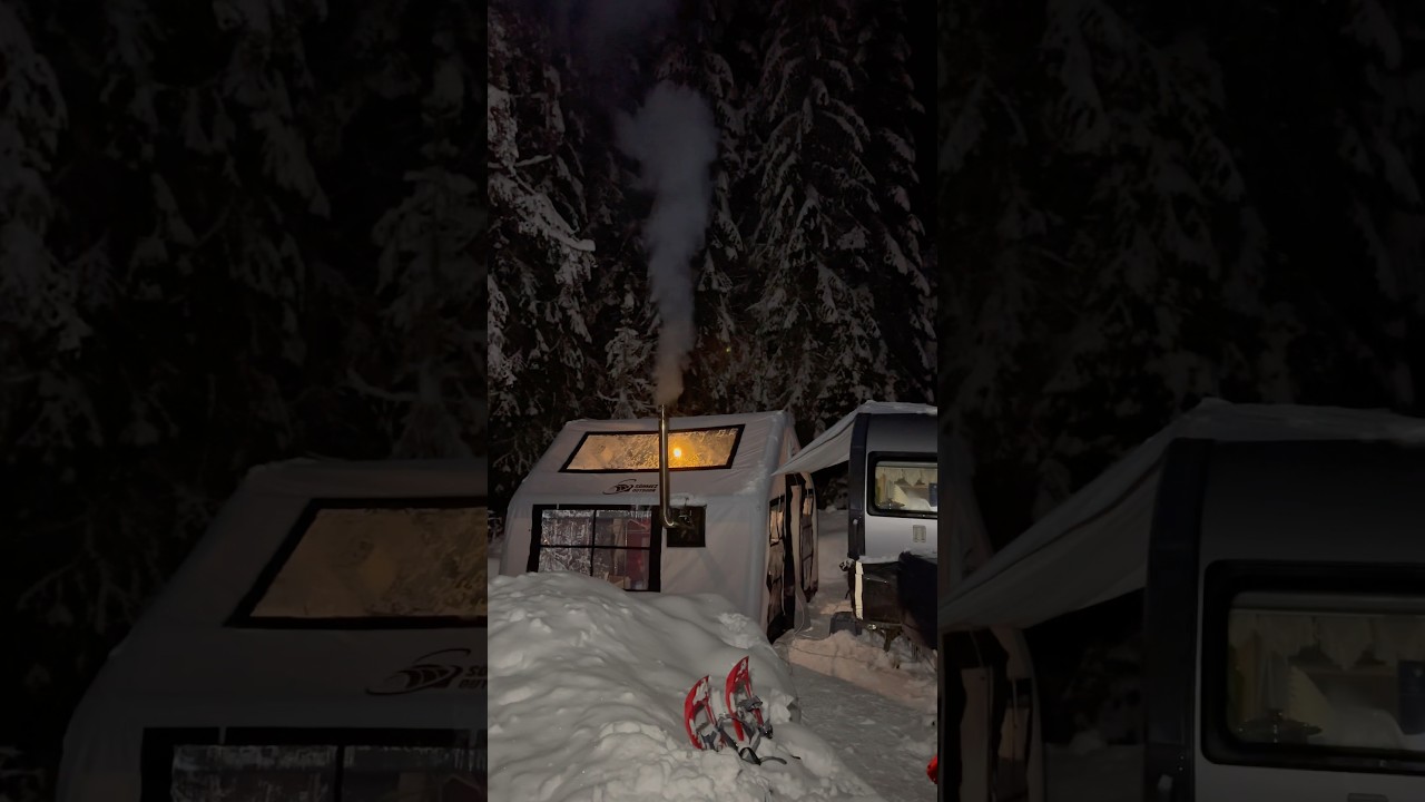 I live here tonight ❄️ Snow, caravan, hot tent… this is my winter camp #shorts #winter camping