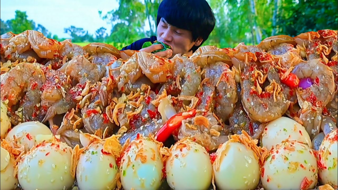 กุ้งแช่น้ำปลาจิ้มซีฟู๊ดแกล้มคะน้าสดแซ่บคักอีหลีครับพี่น้อง ASMR MUKBANG EATING SHOW#โก้อีสานพาแดก 